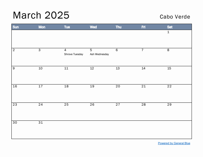 March 2025 Simple Monthly Calendar for Cabo Verde