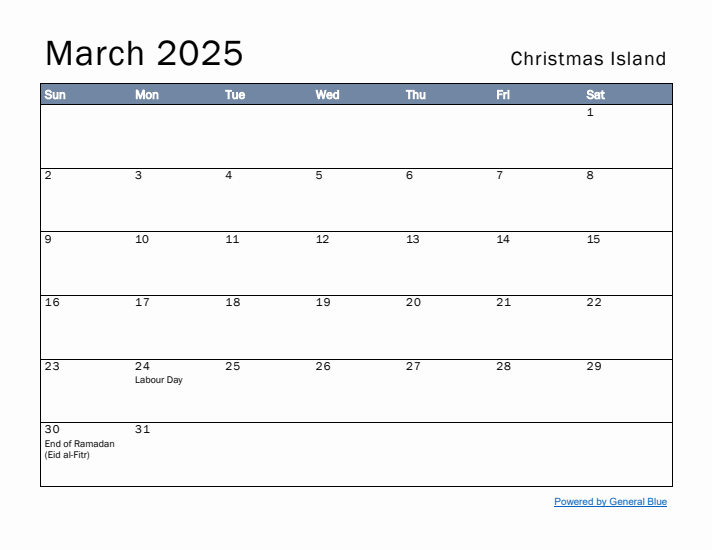 March 2025 Simple Monthly Calendar for Christmas Island