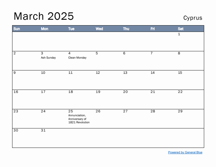 March 2025 Simple Monthly Calendar for Cyprus