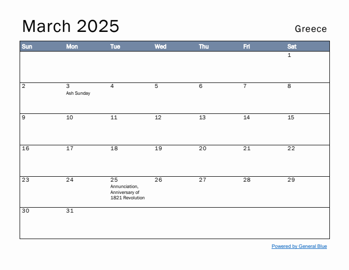 March 2025 Simple Monthly Calendar for Greece