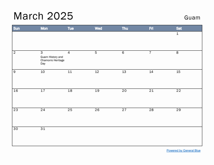 March 2025 Simple Monthly Calendar for Guam