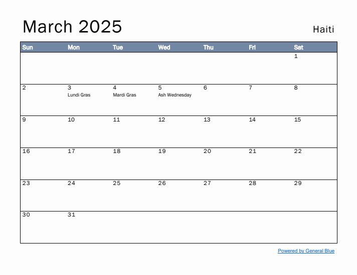 March 2025 Simple Monthly Calendar for Haiti