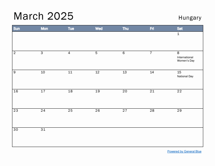 March 2025 Simple Monthly Calendar for Hungary