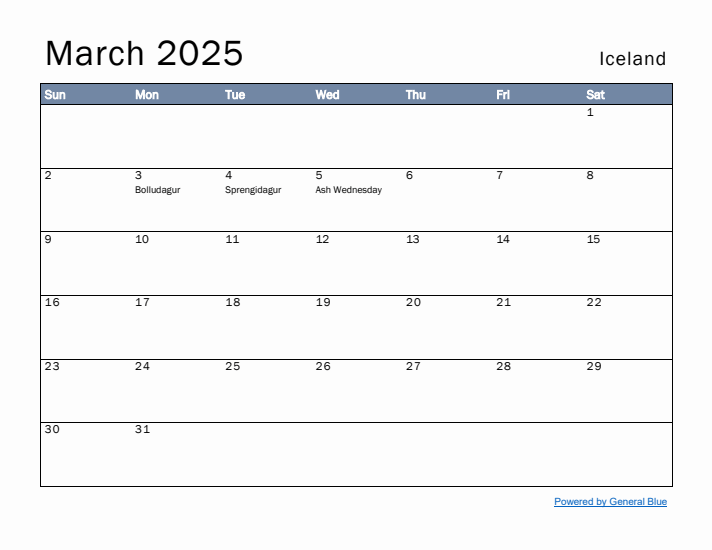 March 2025 Simple Monthly Calendar for Iceland