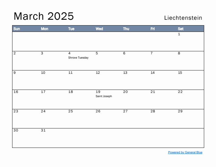 March 2025 Simple Monthly Calendar for Liechtenstein