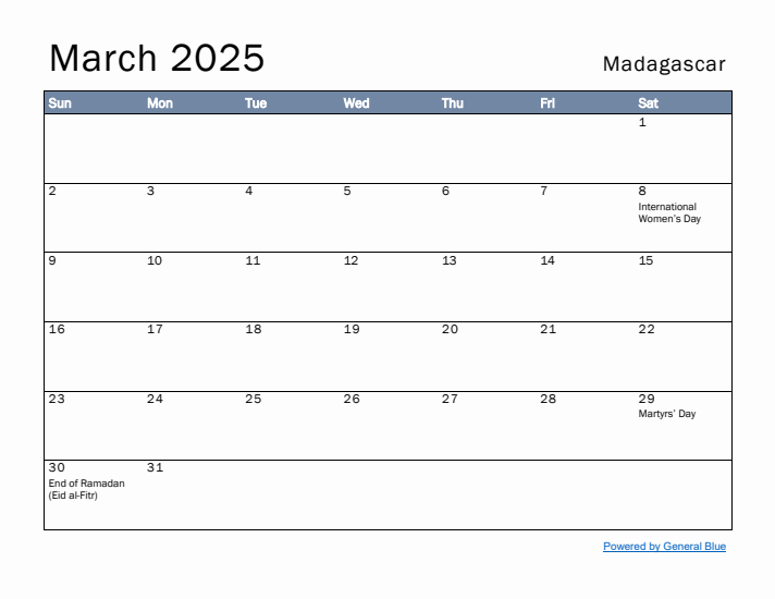 March 2025 Simple Monthly Calendar for Madagascar