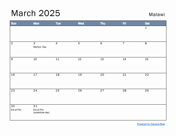 March 2025 Simple Monthly Calendar for Malawi