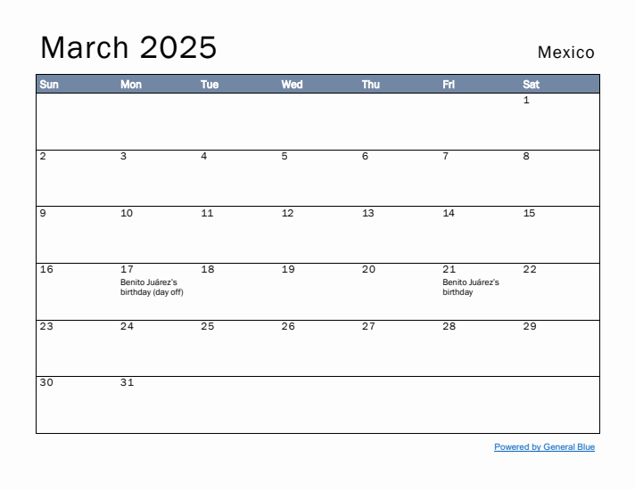 March 2025 Simple Monthly Calendar for Mexico