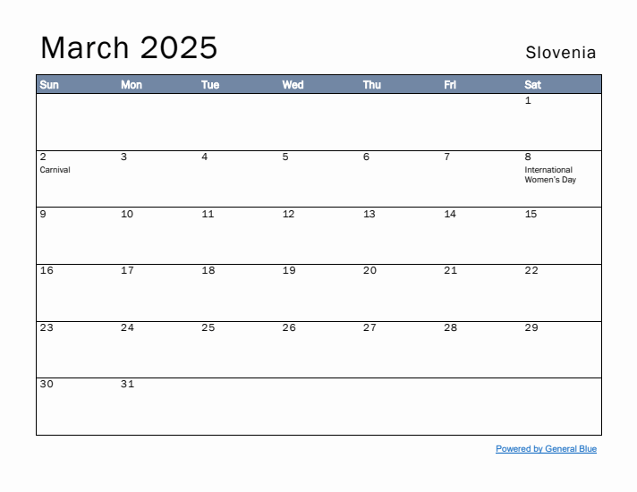 March 2025 Simple Monthly Calendar for Slovenia