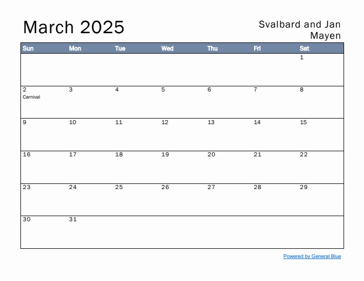 March 2025 Simple Monthly Calendar for Svalbard and Jan Mayen