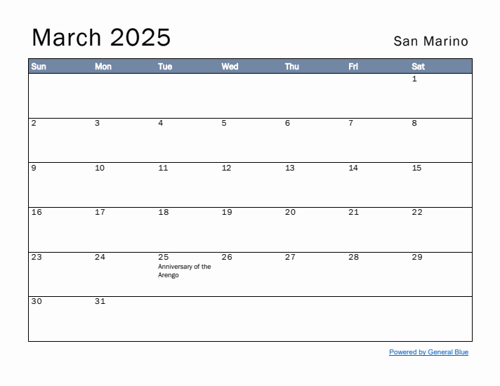 March 2025 Simple Monthly Calendar for San Marino