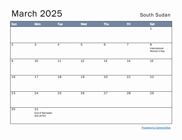 March 2025 Simple Monthly Calendar for South Sudan