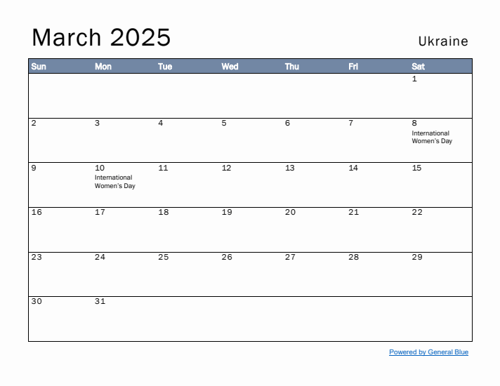 March 2025 Simple Monthly Calendar for Ukraine