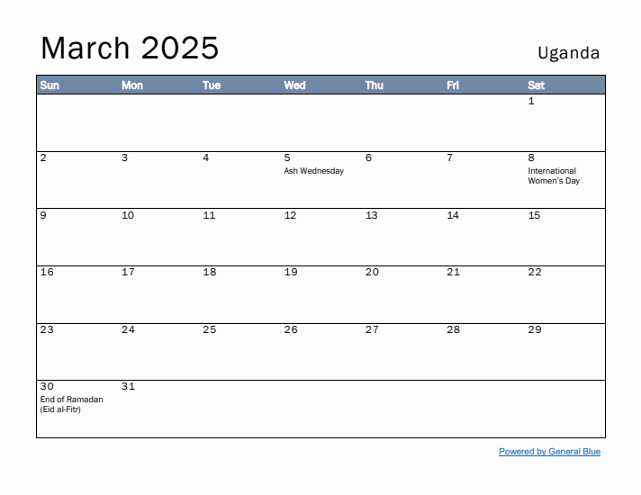 March 2025 Simple Monthly Calendar for Uganda