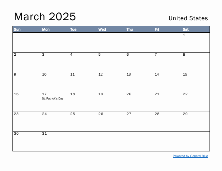 March 2025 Simple Monthly Calendar for United States