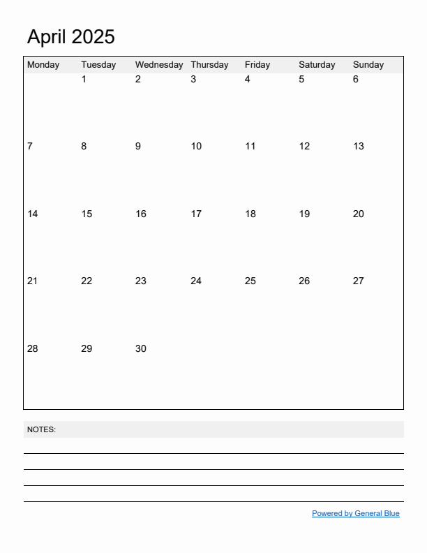 Basic Monthly Calendar Template for April 2025