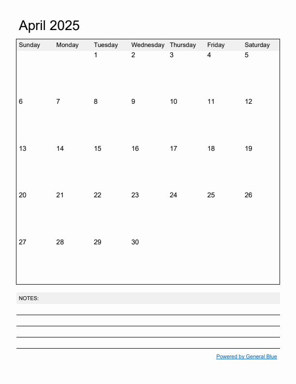 Basic Monthly Calendar Template for April 2025