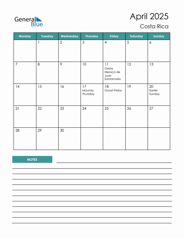 Calendar with Notes Printable - Monday Start