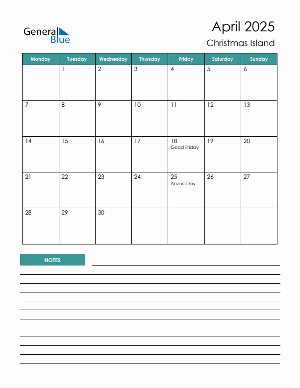 Calendar with Notes Printable - Monday Start