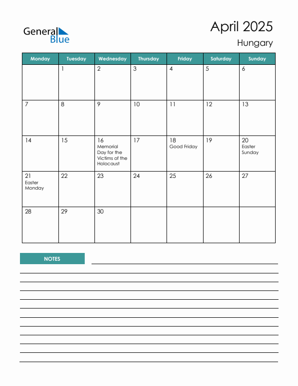 Calendar with Notes Printable - Monday Start