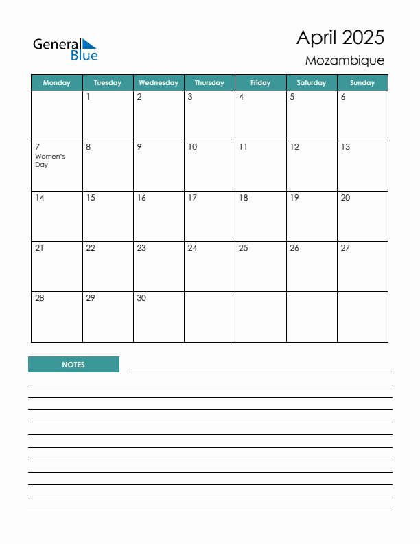 Calendar with Notes Printable - Monday Start