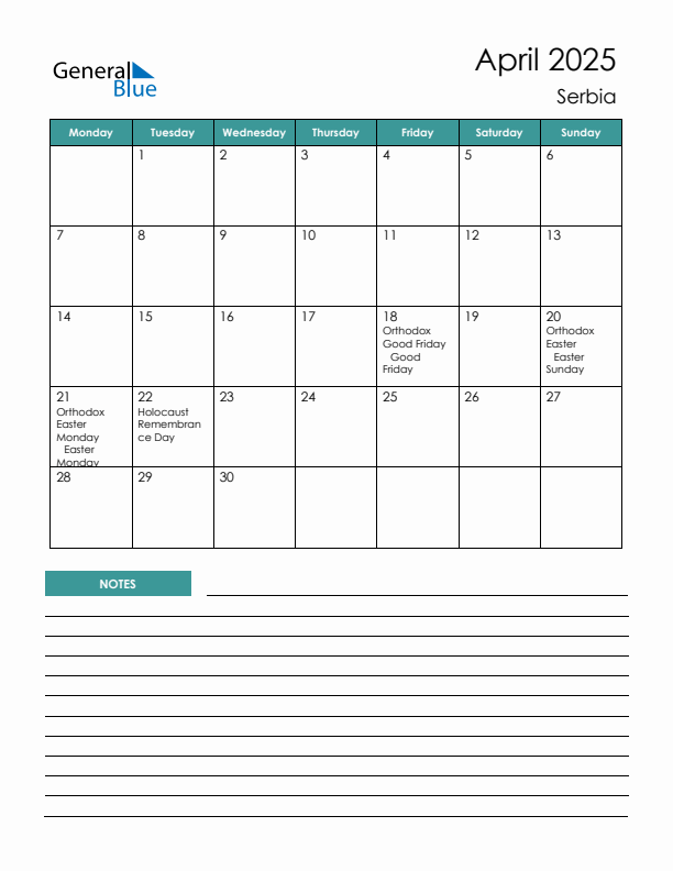 Calendar with Notes Printable - Monday Start