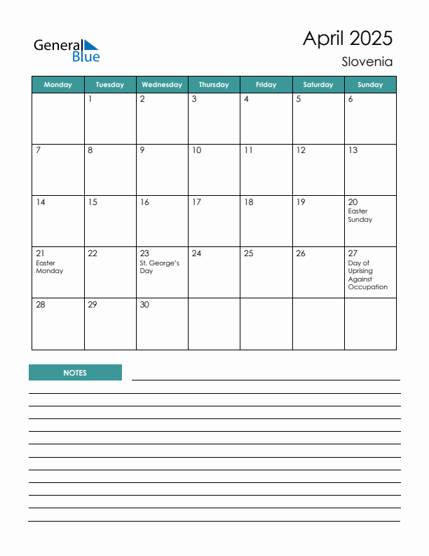 Calendar with Notes Printable - Monday Start