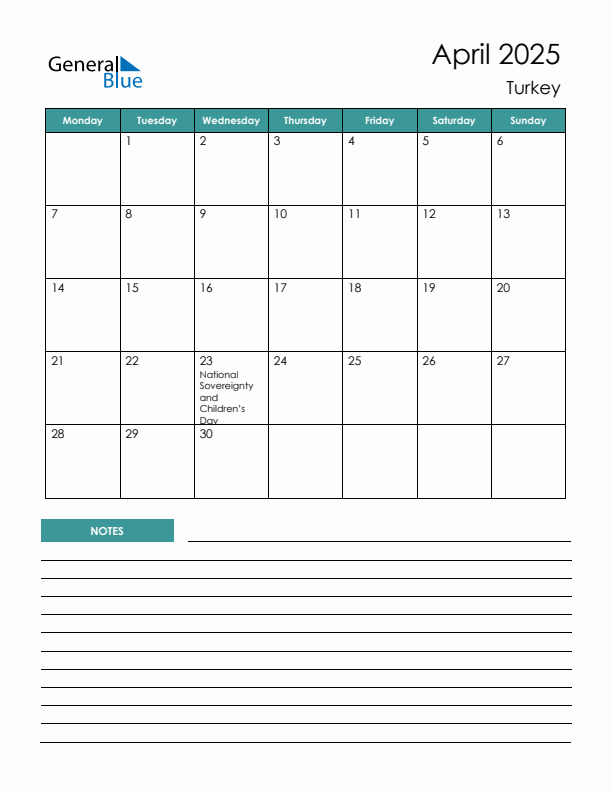 Calendar with Notes Printable - Monday Start