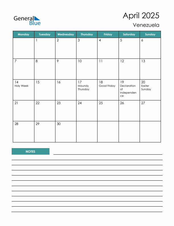 Calendar with Notes Printable - Monday Start