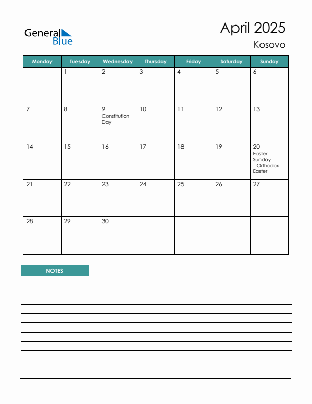 Calendar with Notes Printable - Monday Start