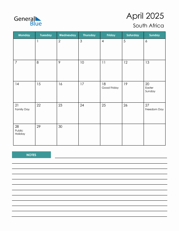 Calendar with Notes Printable - Monday Start