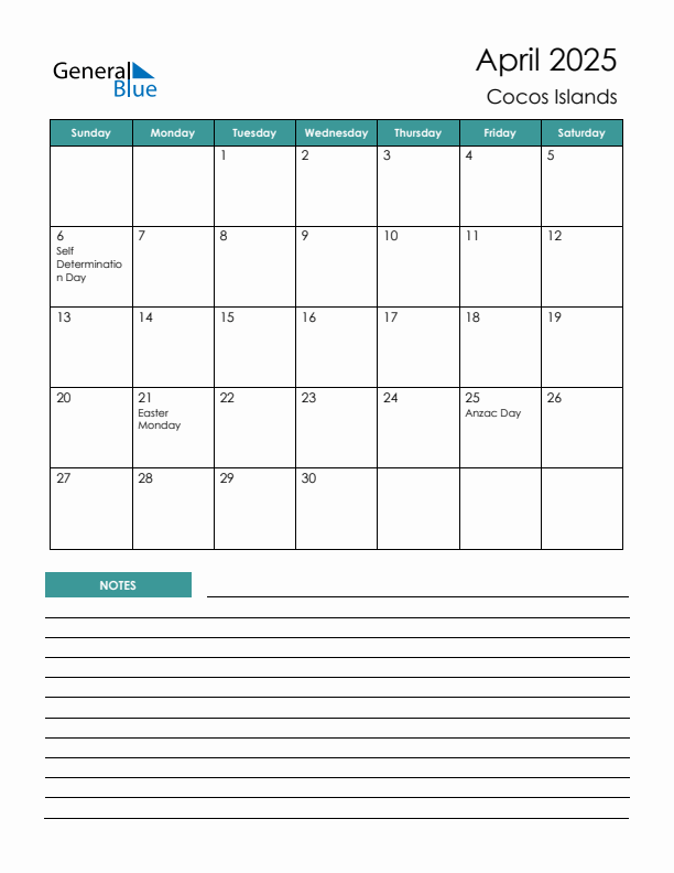 Calendar with Notes Printable - Sunday Start