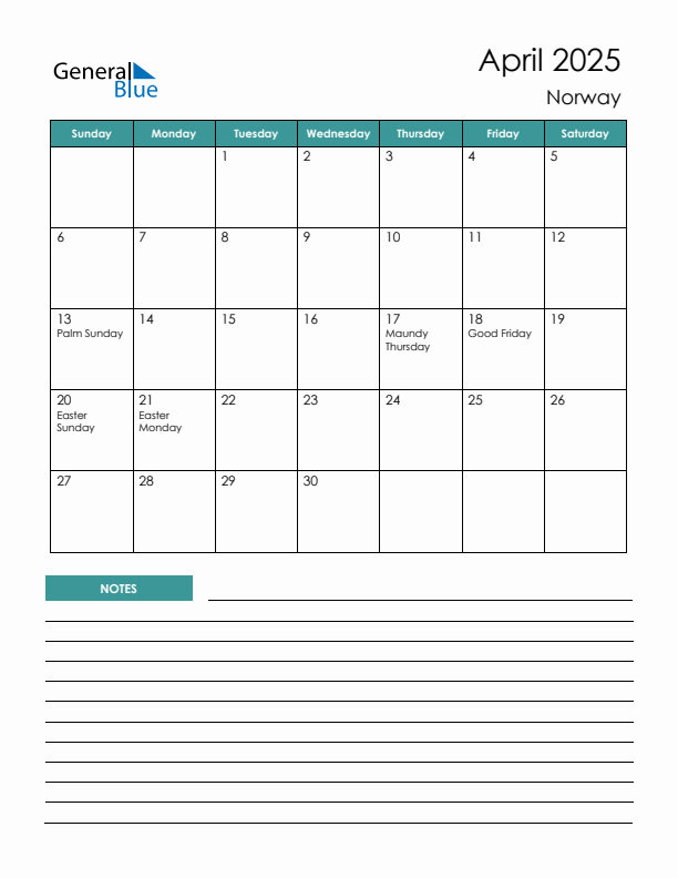 Calendar with Notes Printable - Sunday Start