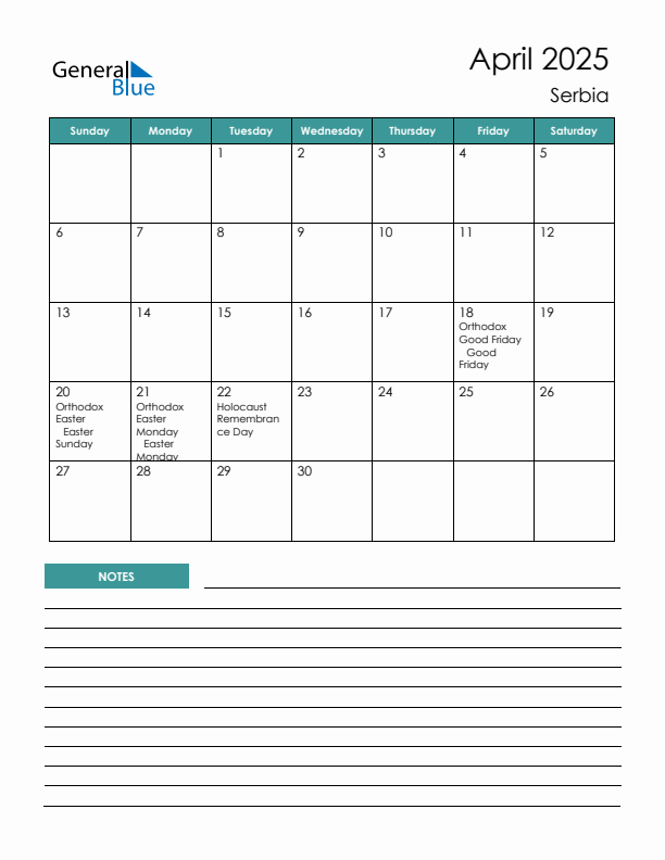 Calendar with Notes Printable - Sunday Start