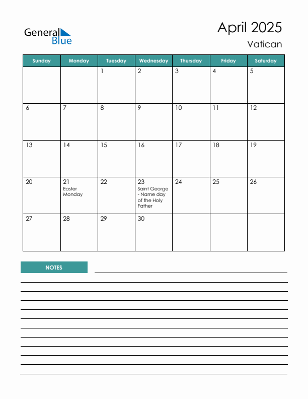 Calendar with Notes Printable - Sunday Start