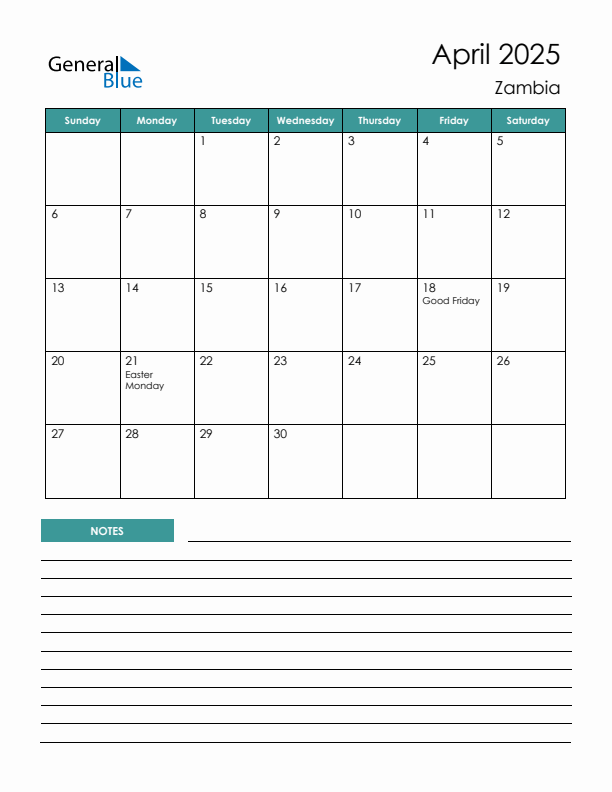 Calendar with Notes Printable - Sunday Start