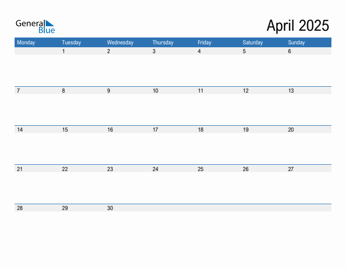 Fillable Calendar for April 2025