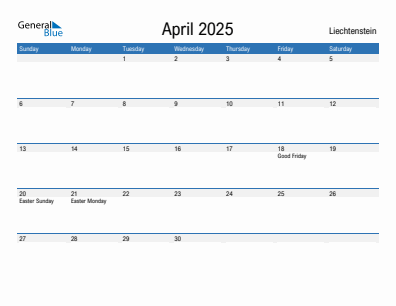 Current month calendar with Liechtenstein holidays for April 2025