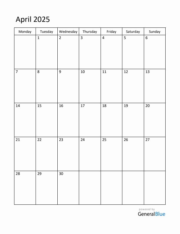 Monday Start Calendar for April 2025