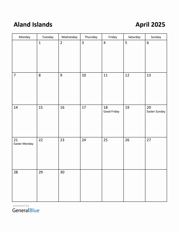 April 2025 Calendar with Aland Islands Holidays