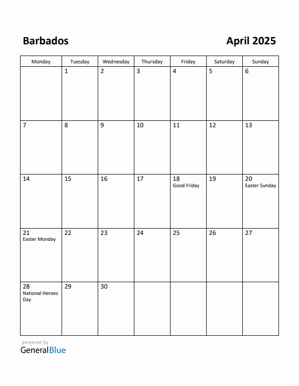 April 2025 Calendar with Barbados Holidays