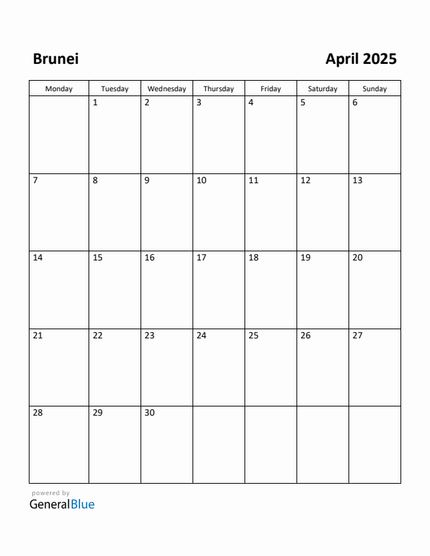 April 2025 Calendar with Brunei Holidays