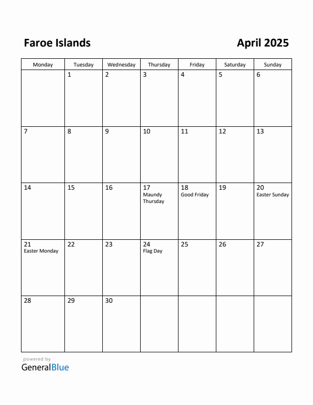 April 2025 Calendar with Faroe Islands Holidays