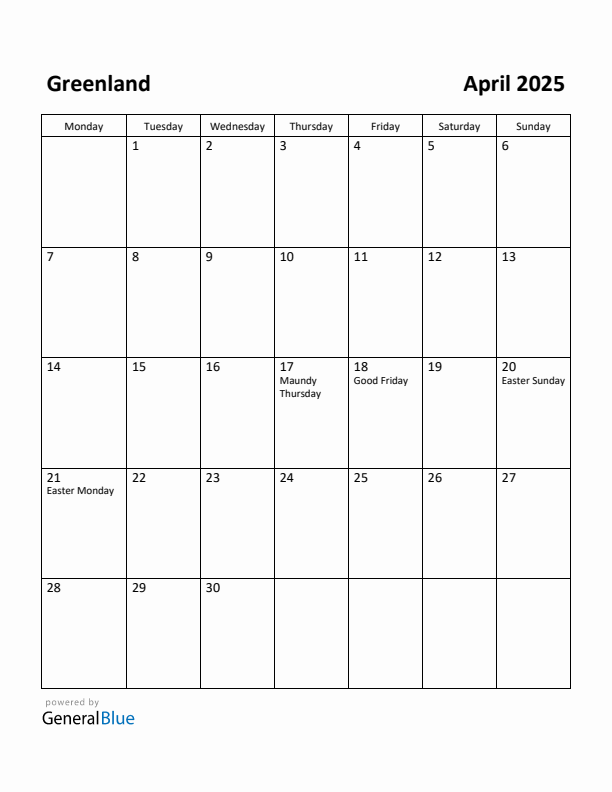 April 2025 Calendar with Greenland Holidays