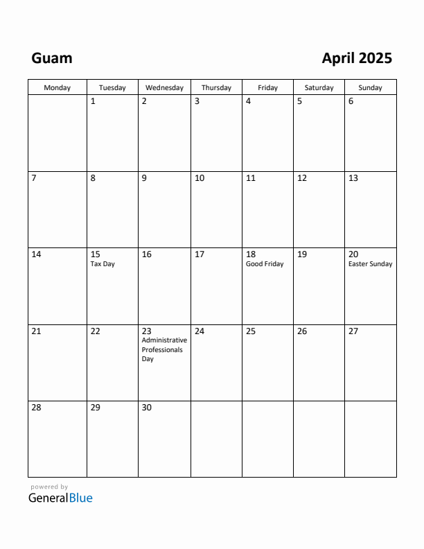 April 2025 Calendar with Guam Holidays