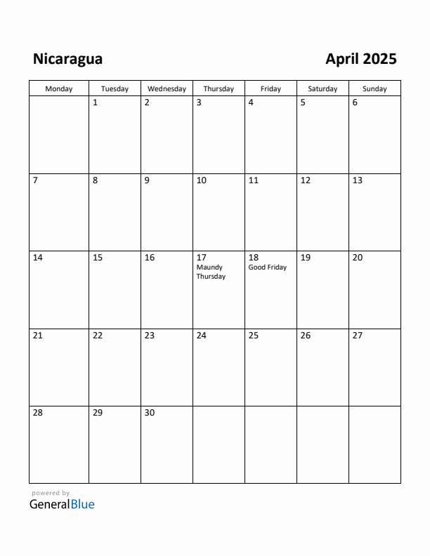 April 2025 Calendar with Nicaragua Holidays