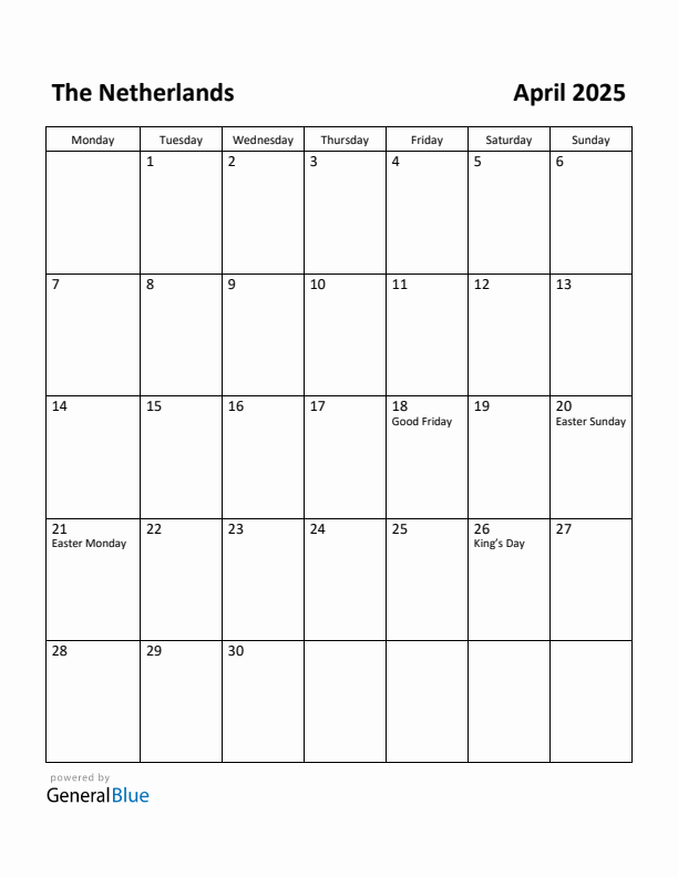 April 2025 Calendar with The Netherlands Holidays