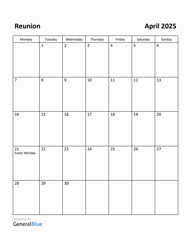 April 2025 Calendar with Reunion Holidays