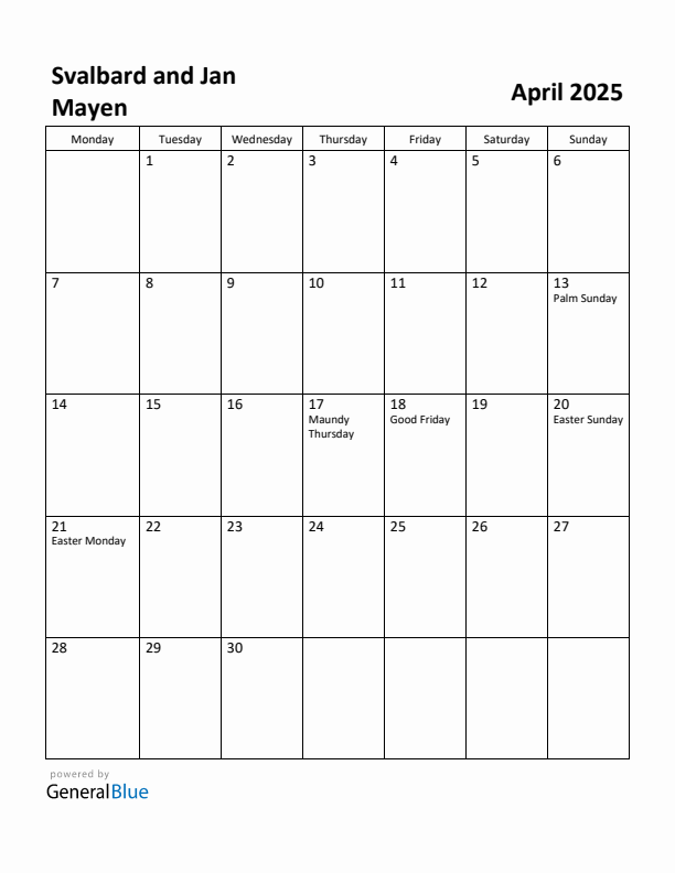 April 2025 Calendar with Svalbard and Jan Mayen Holidays