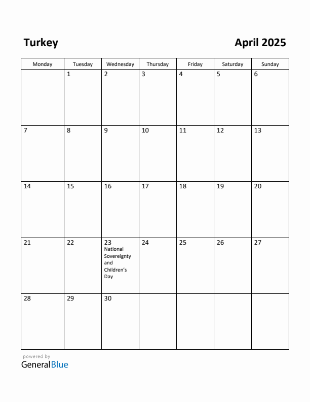 April 2025 Calendar with Turkey Holidays